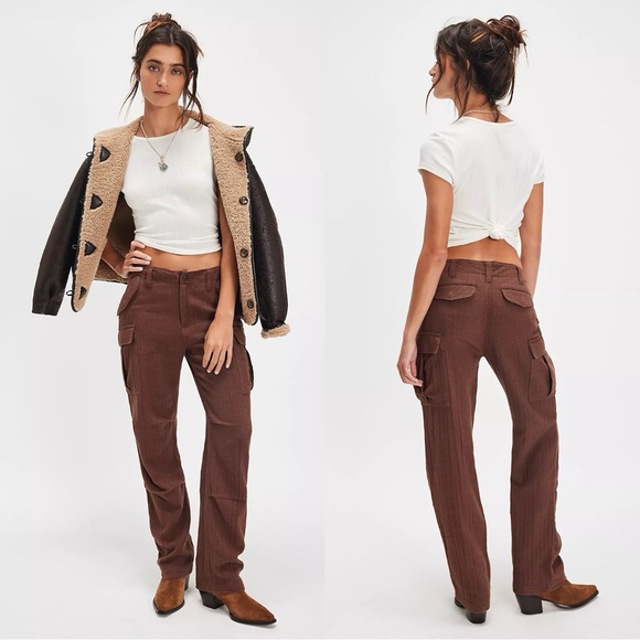 Free People Pants - Free People Herringbone Textured Dark Academia Brown Cargo Pants Size 12 NWT